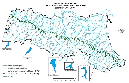 Figura 1: Distribuzione territoriale della valutazione dello Stato chimico dei corpi idrici lacustri (invasi) (2014÷2019)