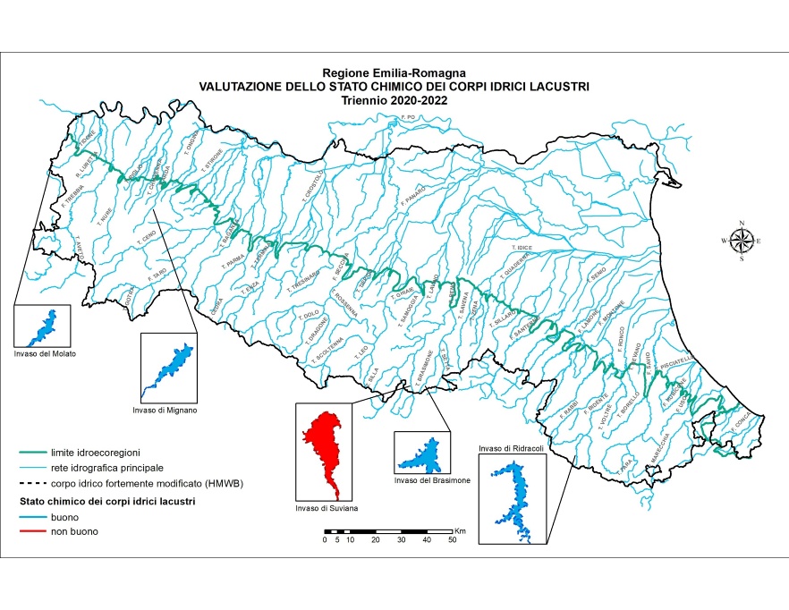 Distribuzione territoriale della valutazione dello Stato chimico dei corpi idrici lacustri (invasi) (2020÷2022)