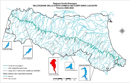 Figura 1: Distribuzione territoriale della valutazione dello Stato chimico dei corpi idrici lacustri (invasi) (2020÷2022)