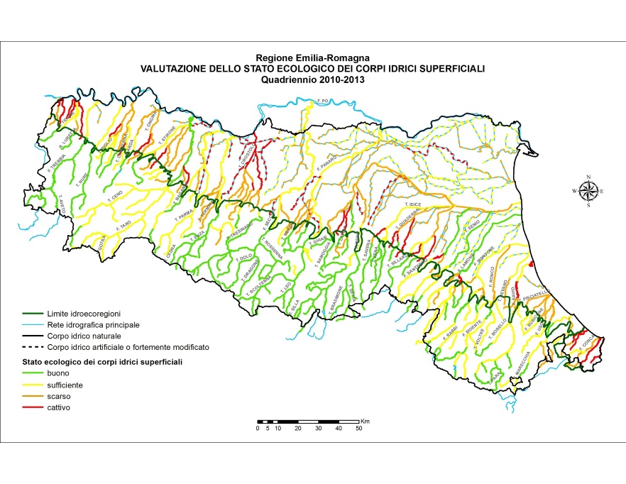 Distribuzione territoriale della valutazione dello Stato ecologico dei corsi d'acqua (2010÷2013)