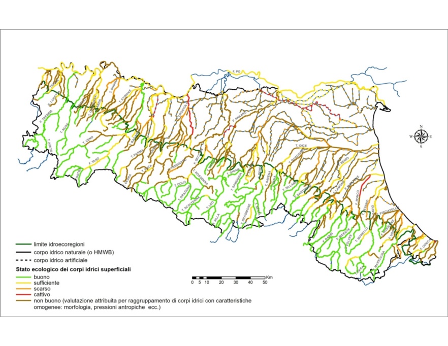 Distribuzione territoriale della valutazione dello Stato ecologico dei corsi d'acqua (2014÷2016)