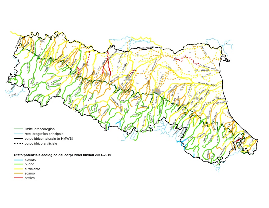 Distribuzione territoriale della valutazione dello Stato ecologico dei corsi d'acqua (2014÷2019)