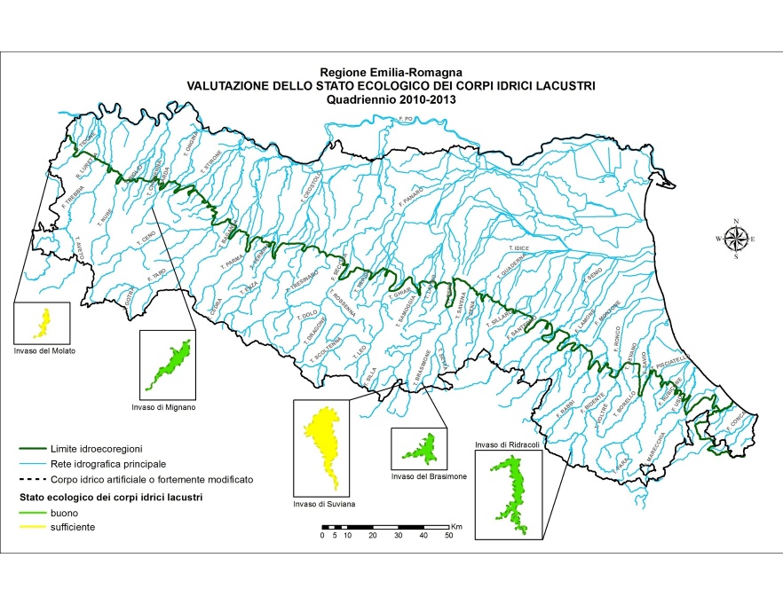 Distribuzione territoriale della valutazione dello Stato/Potenziale ecologico dei corpi idrici lacustri (invasi) (2010÷2013)