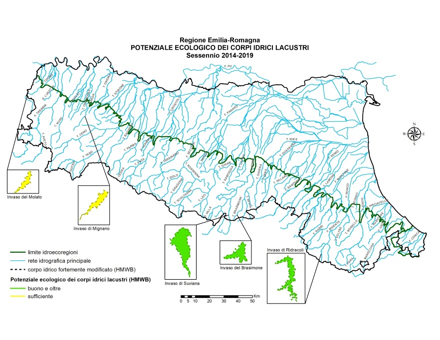 Distribuzione territoriale della valutazione dello Stato/Potenziale ecologico dei corpi idrici lacustri (invasi) (2014÷2019)