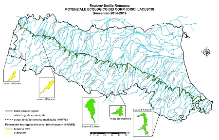 Figura 1: Distribuzione territoriale della valutazione dello Stato/Potenziale ecologico dei corpi idrici lacustri (invasi) (2014÷2019)