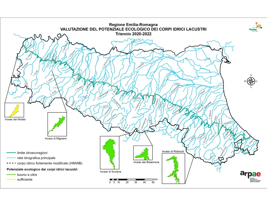 Distribuzione territoriale della valutazione dello Stato/Potenziale ecologico dei corpi idrici lacustri (invasi) (2020÷2022)