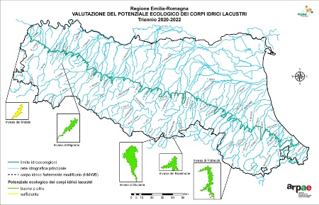Figura 1: Distribuzione territoriale della valutazione dello Stato/Potenziale ecologico dei corpi idrici lacustri (invasi) (2020÷2022)