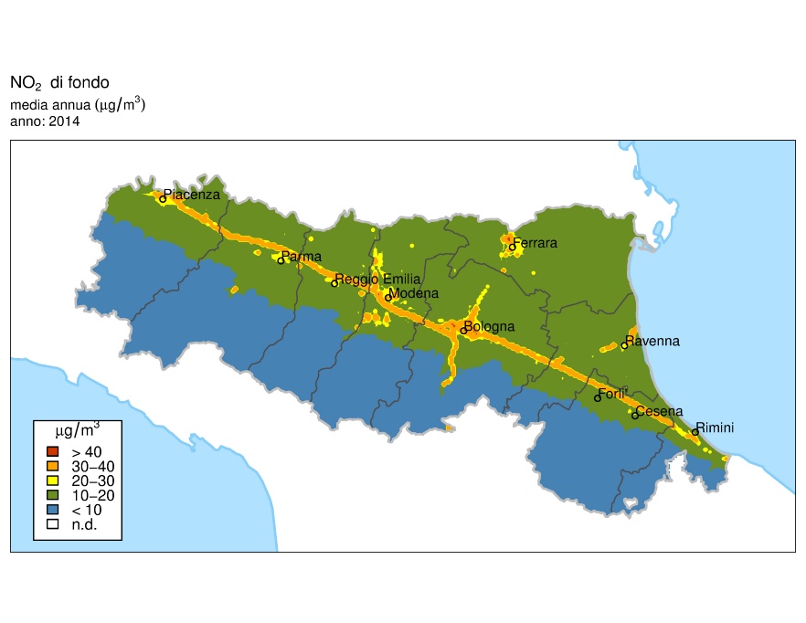NO2 - Distribuzione territoriale regionale della stima della concentrazione media annuale (2014)