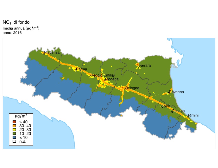 NO2 - Distribuzione territoriale regionale della stima della concentrazione media annuale (2016)