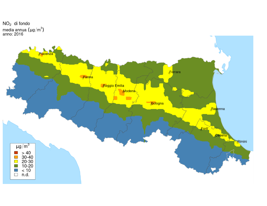 NO2 - Distribuzione territoriale regionale della stima della concentrazione media annuale (2016)