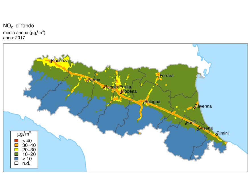 NO2 - Distribuzione territoriale regionale della stima della concentrazione media annuale (2017)