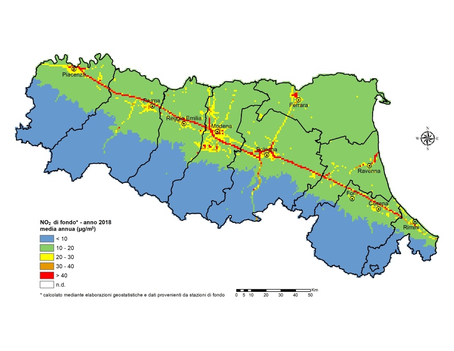NO2 - Distribuzione territoriale regionale della stima della concentrazione media annuale (2018)