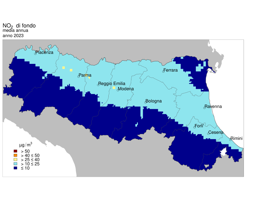 NO2 - Distribuzione territoriale regionale della stima della concentrazione media annuale (2023)