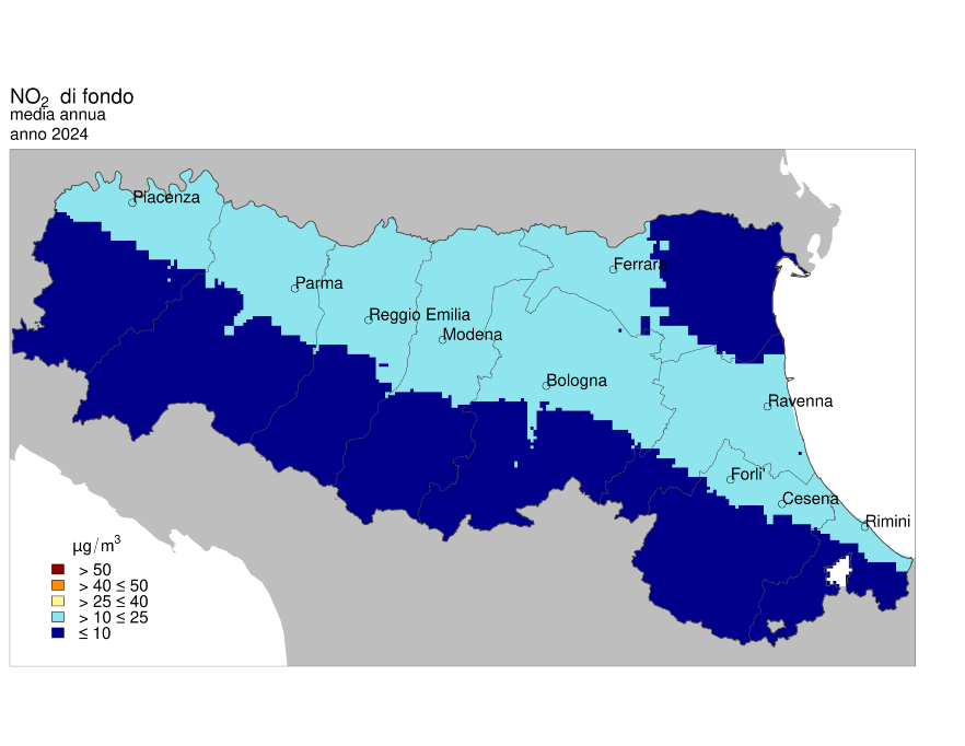 NO2 - Distribuzione territoriale regionale della stima della concentrazione media annuale (2024)