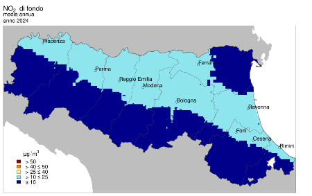 Figura 4: Distribuzione territoriale regionale della stima della concentrazione media annuale del biossido d'azoto (2024)