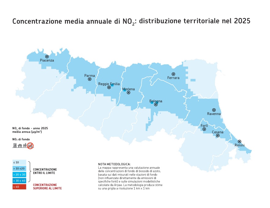 NO2 - Distribuzione territoriale regionale della stima della concentrazione media annuale (2025)