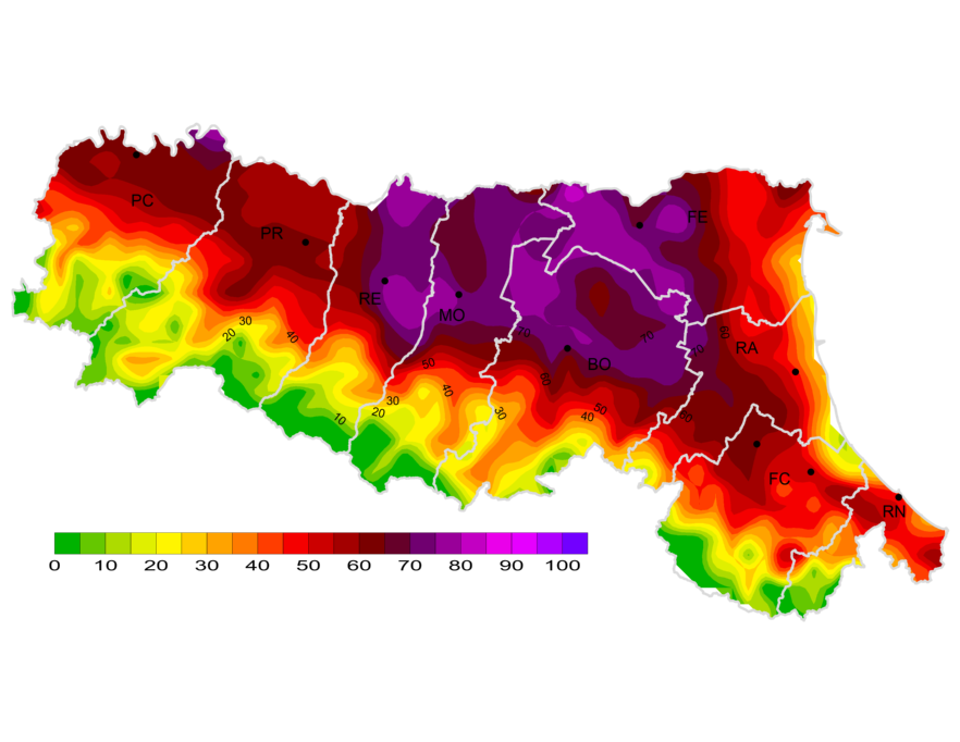Indice dei giorni caldi - Distribuzione territoriale del numero di giorni caldi (temperatura massima superiore a 30°C), anno 2025 (aprile-settembre)