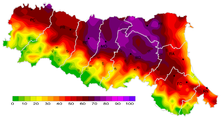 Figura 1: Indice dei giorni caldi - Distribuzione territoriale del numero di giorni caldi (temperatura massima superiore a 30°C), anno 2025 (aprile-settembre)