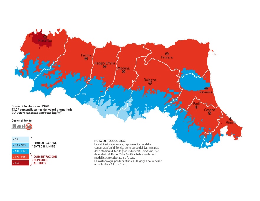 Ozono (O3), superamenti del valore obiettivo per la protezione della salute umana, distribuzione territoriale del 93,2° percentile annuo dei valori giornalieri (2020)     Nota: valori riferiti all'anno, non mediati su tre anni come previsto dalla normativa