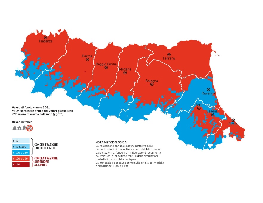 Ozono (O3),  superamenti del valore obiettivo per la protezione della salute umana, distribuzione territoriale del 93,2° percentile annuo dei valori giornalieri (2021)          Nota: valori riferiti all'anno, non mediati su tre anni come previsto dalla normativa