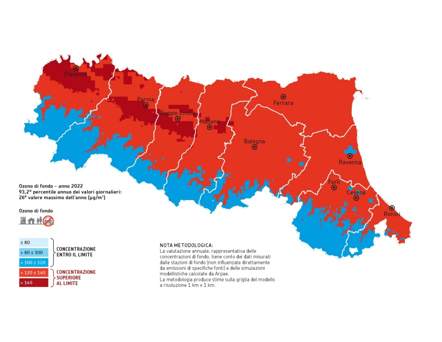 Ozono (O3),  superamenti del valore obiettivo per la protezione della salute umana, distribuzione territoriale del 93,2° percentile annuo dei valori giornalieri (2022)                 Nota: valori riferiti all'anno, non mediati su tre anni come previsto dalla normativa