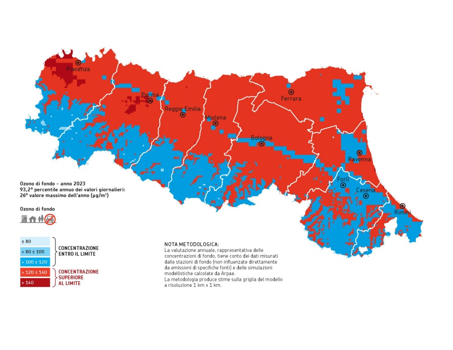 Ozono (O3),  superamenti del valore obiettivo per la protezione della salute umana, distribuzione territoriale del 93,2° percentile annuo dei valori giornalieri (2023)           Nota: valori riferiti all'anno, non mediati su tre anni come previsto dalla normativa