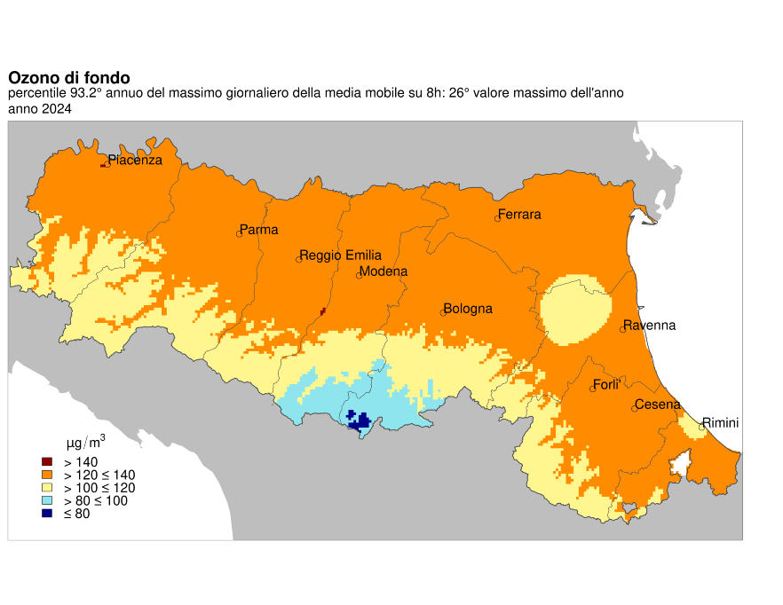  Ozono (O3), numero di superamenti dell’obiettivo a lungo termine per la protezione della salute umana, distribuzione territoriale del 93,2° percentile annuo dei valori giornalieri (2024)
