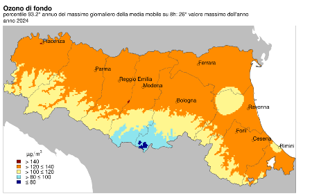 Figura 4: Ozono (O3), numero di superamenti dell’obiettivo a lungo termine per la protezione della salute umana, distribuzione territoriale del 93,2° percentile annuo dei valori giornalieri (2024)