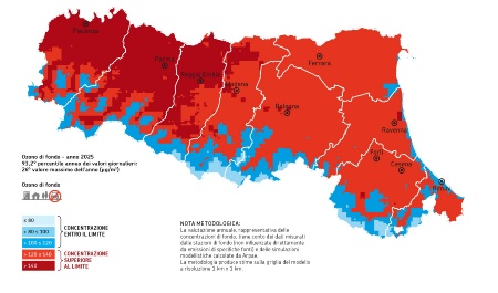 Figura 4: Ozono (O3), superamenti del valore obiettivo per la protezione della salute umana, distribuzione territoriale del 93,2° percentile annuo dei valori giornalieri (26° valore massimo dell'anno, μg/m3) (2025)                                    Nota: valori relativi all'anno di riferimento; non mediati su tre anni come previsto dalla normativa