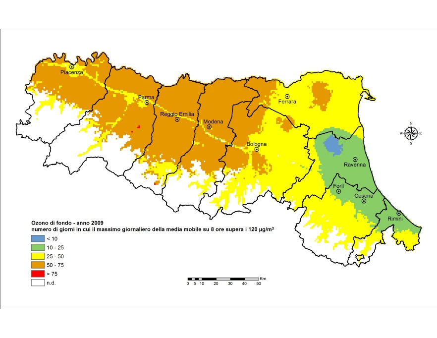 Ozono (O3) - Distribuzione territoriale del numero di giorni in cui il massimo giornaliero della media mobile su 8 ore supera i 120 μg/m3 (2009)