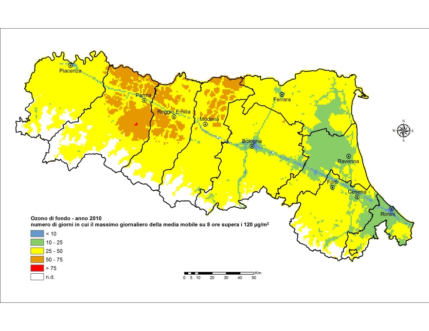 Ozono (O3) - Distribuzione territoriale del numero di giorni in cui il massimo giornaliero della media mobile su 8 ore supera i 120 μg/m3 (2010)