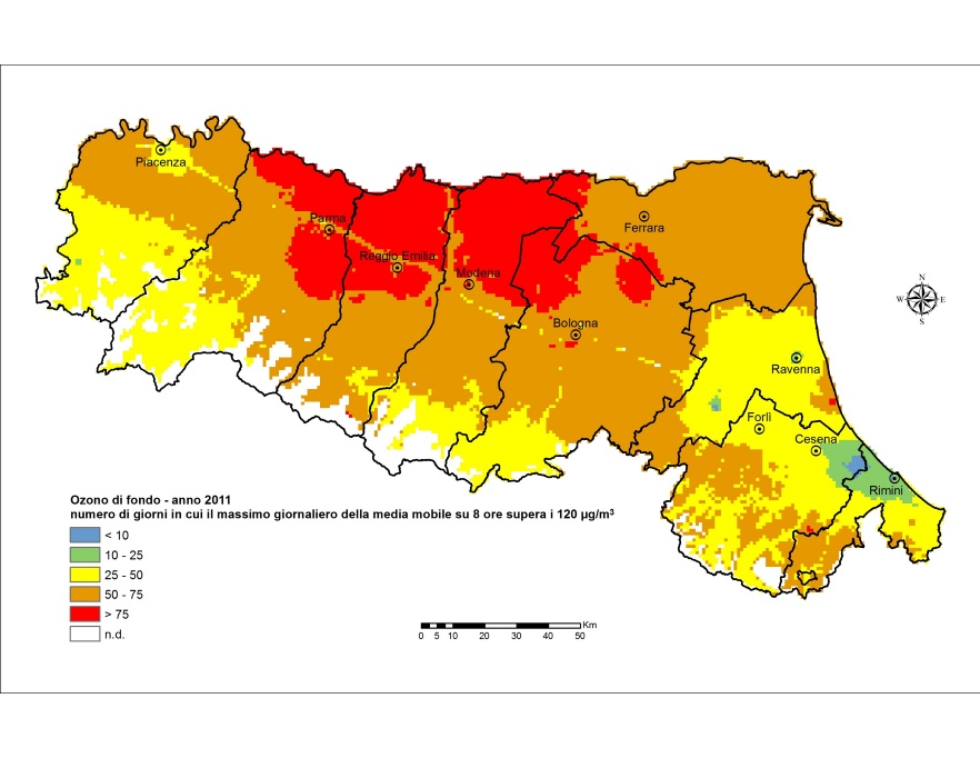 Ozono (O3) - Distribuzione territoriale del numero di giorni in cui il massimo giornaliero della media mobile su 8 ore supera i 120 μg/m3 (2011)