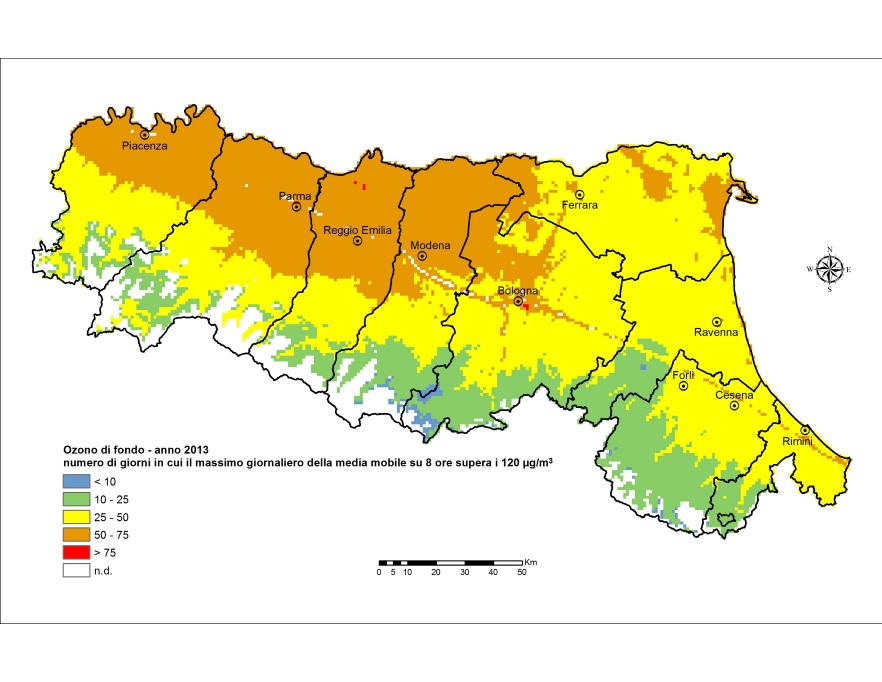 Ozono (O3) - Distribuzione territoriale del numero di giorni in cui il massimo giornaliero della media mobile su 8 ore supera i 120 μg/m3 (2013)