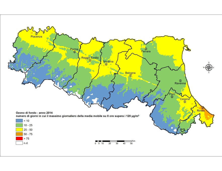 Ozono (O3) - Distribuzione territoriale del numero di giorni in cui il massimo giornaliero della media mobile su 8 ore supera i 120 μg/m3 (2014)