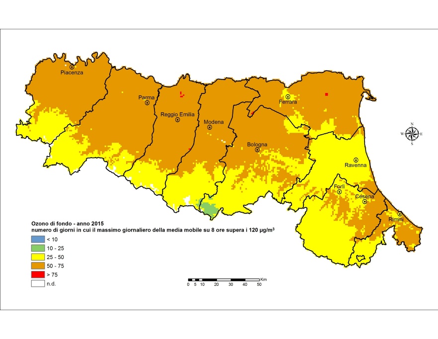 Ozono (O3) - Distribuzione territoriale del numero di giorni in cui il massimo giornaliero della media mobile su 8 ore supera i 120 μg/m3 (2015)