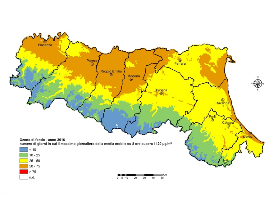 Ozono (O3) - Distribuzione territoriale del numero di giorni in cui il massimo giornaliero della media mobile su 8 ore supera i 120 μg/m3 (2016)