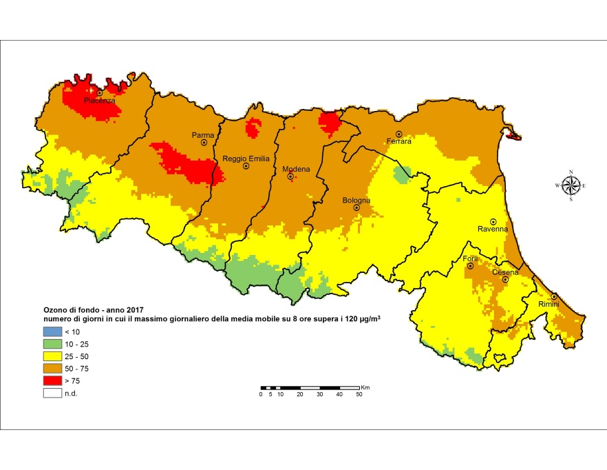 Ozono (O3) - Distribuzione territoriale del numero di giorni in cui il massimo giornaliero della media mobile su 8 ore supera i 120 μg/m3 (2017)