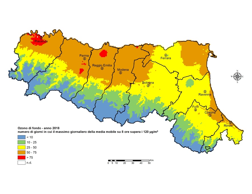 Ozono (O3) - Distribuzione territoriale del numero di giorni in cui il massimo giornaliero della media mobile su 8 ore supera i 120 μg/m3 (2018)