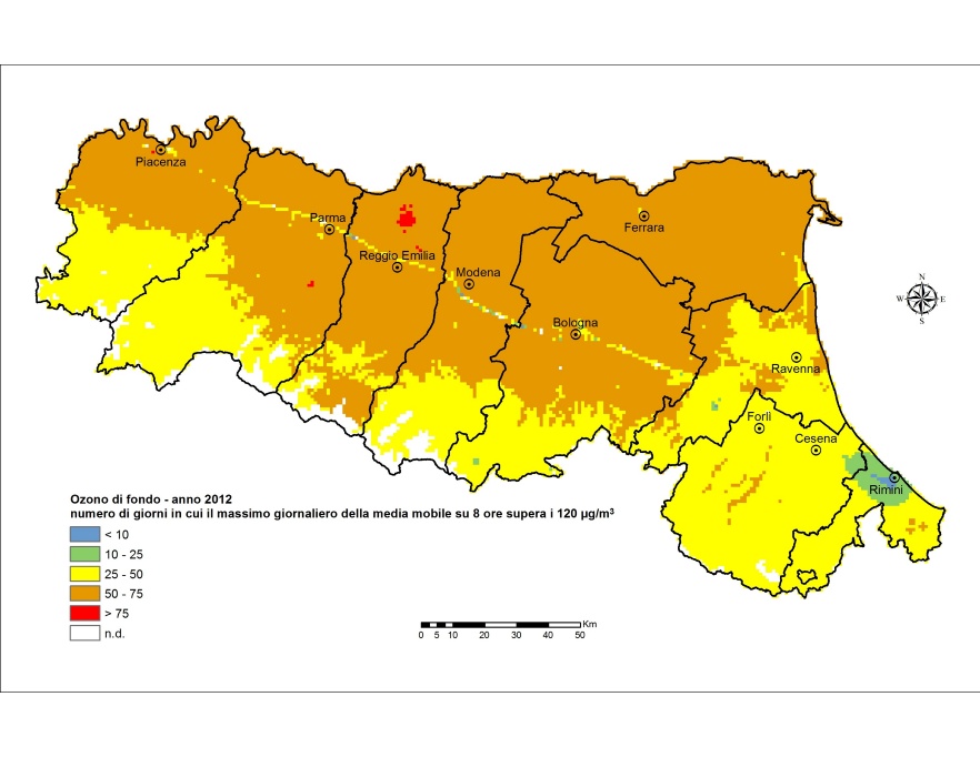 Ozono (O3) - Distribuzione territoriale del numero di giorni in cui il massimo giornaliero della media mobile su 8 ore supera i 120 μg/m3 (2012)