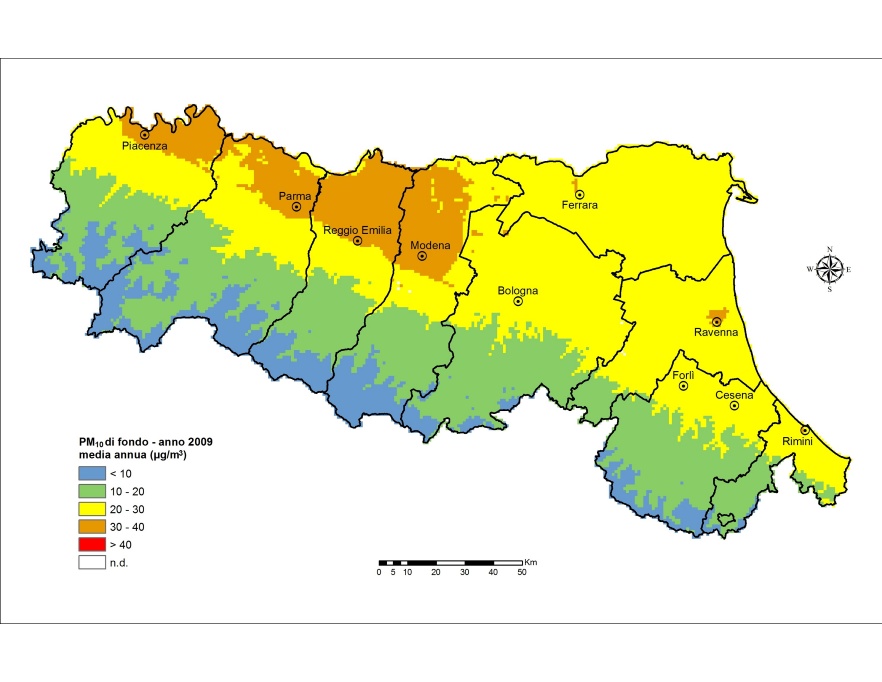 PM10 - Distribuzione territoriale regionale della stima della concentrazione media annuale (2009)