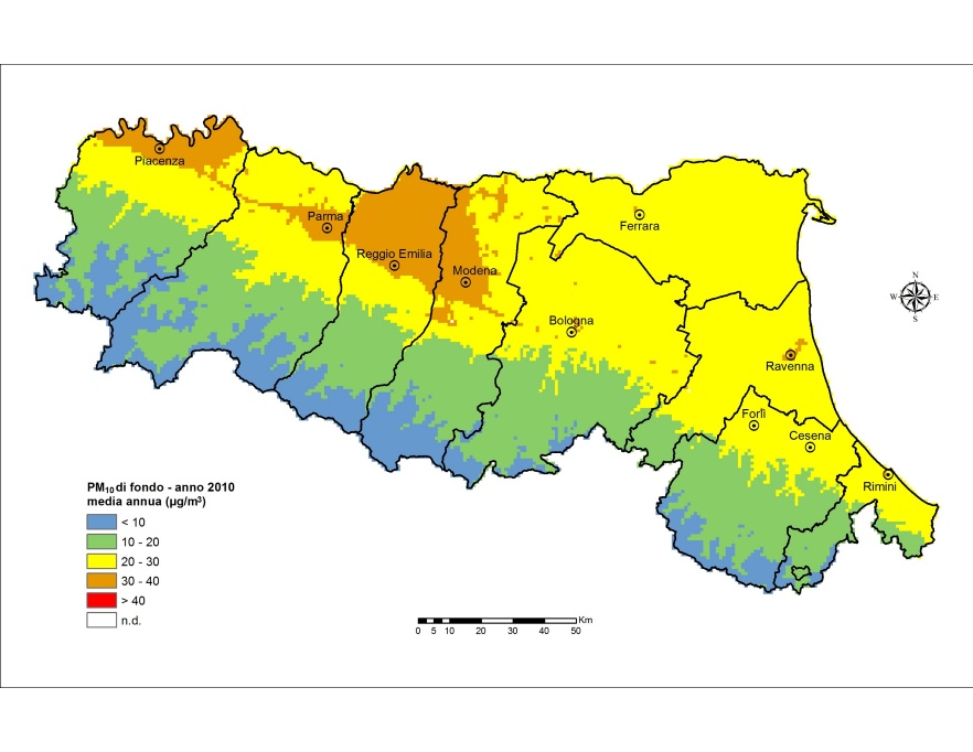 PM10 - Distribuzione territoriale regionale della stima della concentrazione media annuale (2010)