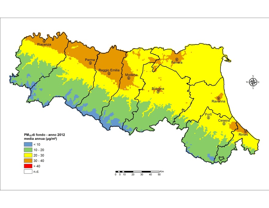 PM10 - Distribuzione territoriale regionale della stima della concentrazione media annuale (2012)