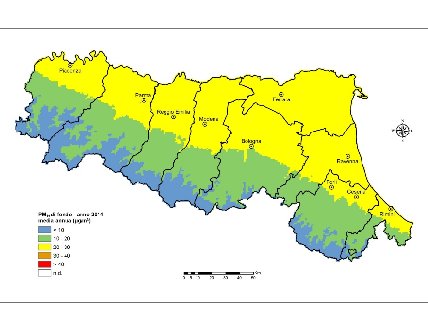 PM10 - Distribuzione territoriale regionale della stima della concentrazione media annuale (2014)