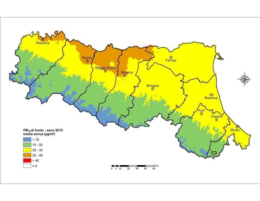 PM10 - Distribuzione territoriale regionale della stima della concentrazione media annuale (2015)