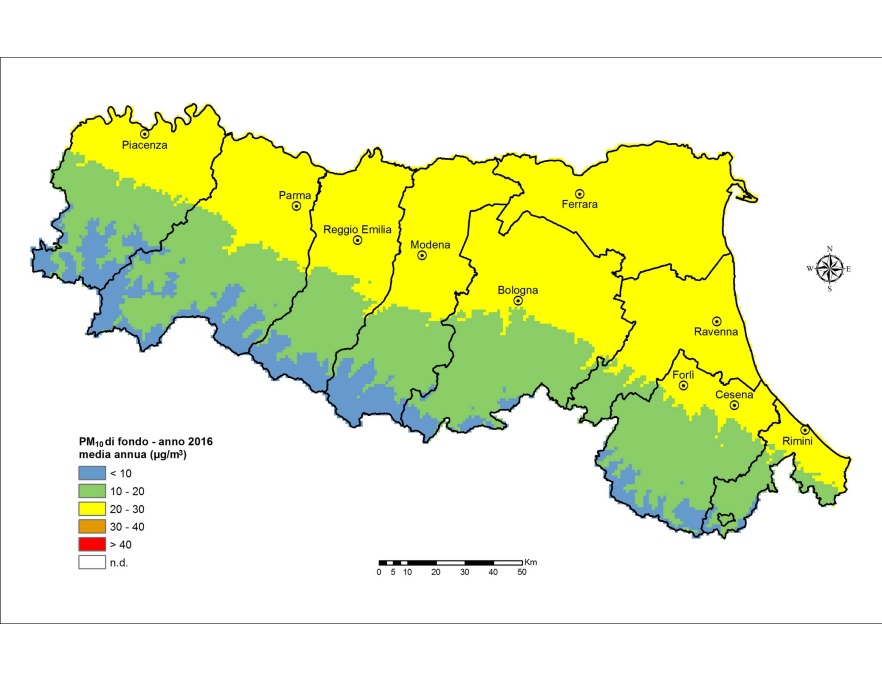 PM10 - Distribuzione territoriale regionale della stima della concentrazione media annuale (2016)