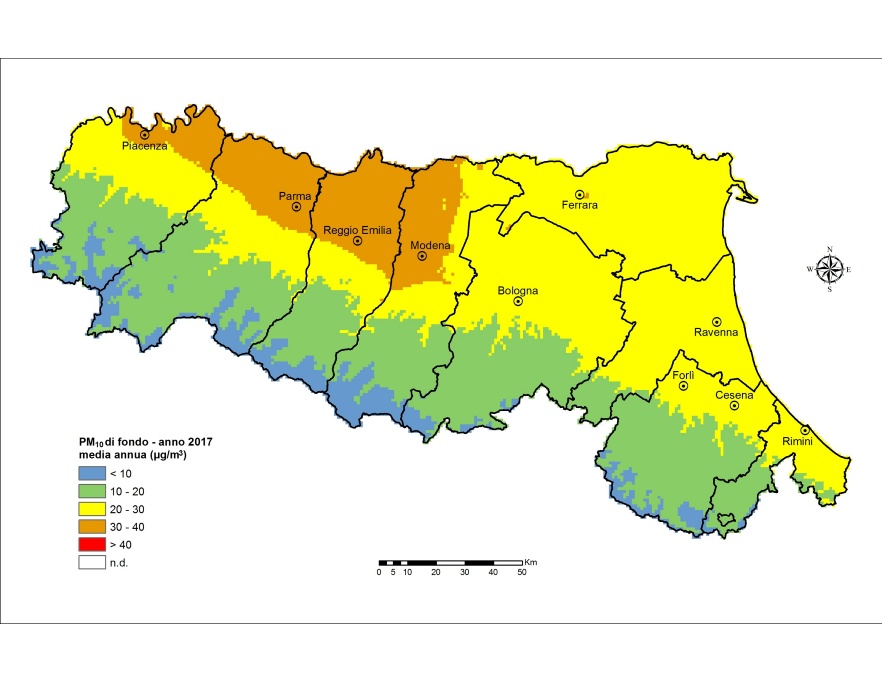 PM10 - Distribuzione territoriale regionale della stima della concentrazione media annuale (2017)