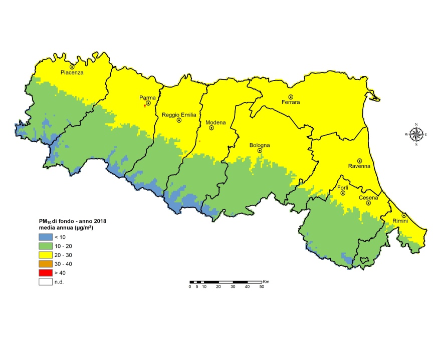 PM10 - Distribuzione territoriale regionale della stima della concentrazione media annuale (2018)