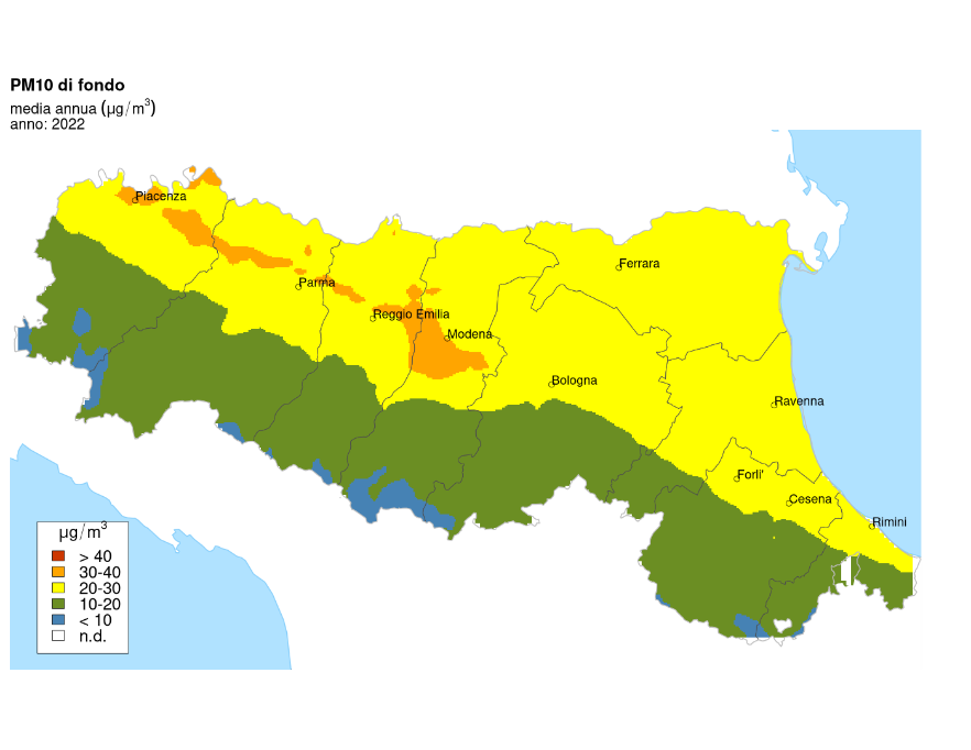 PM10 - Distribuzione territoriale regionale della stima della concentrazione media annuale (2022)