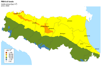 Figura 5: Distribuzione territoriale regionale della stima della concentrazione media annuale di PM10 (2022)