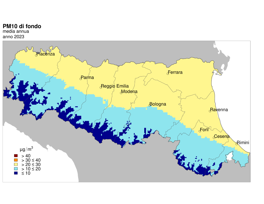 PM10 - Distribuzione territoriale regionale della stima della concentrazione media annuale (2023)